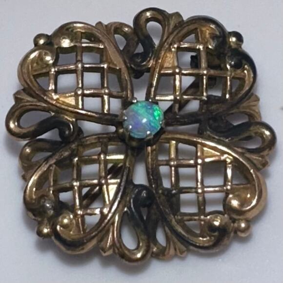 Antique Victorian 1800s gold filled 4 leaf clover genuine fire opal brooch pin - Picture 2 of 8